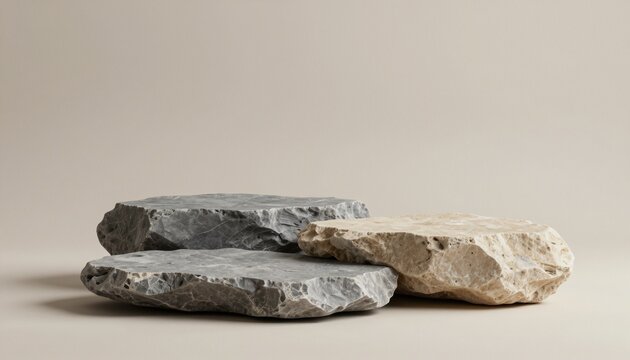 Minimalist arrangement of textured natural stones in shades of slate grey and beige for luxury product display