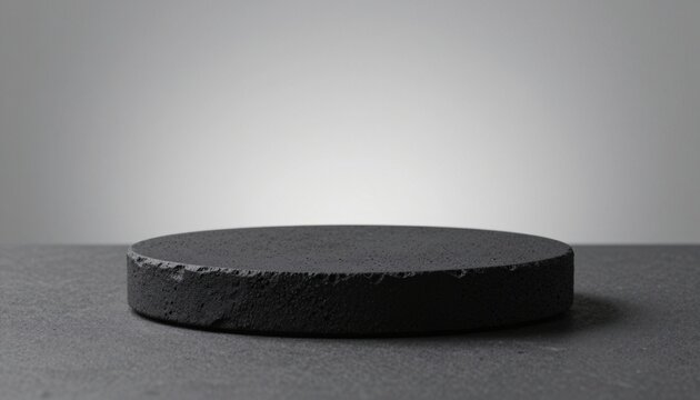Minimalist scene with a black volcanic stone circular podium on dark gray surface