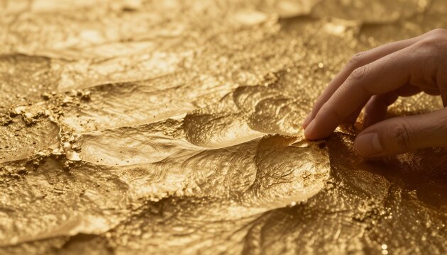 High-resolution macro photograph of a luxurious gold surface with intricate organic textures and shimmering highlights