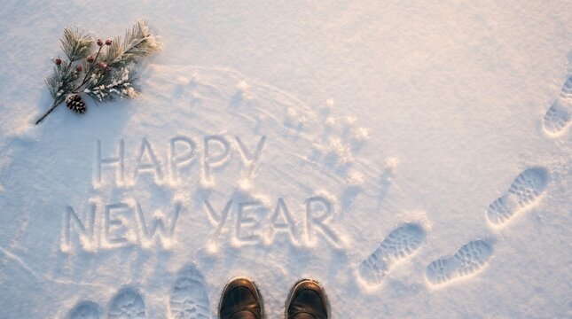 Winter Snowy Ground Footprints Message Celebration Decoration with Pine Branch