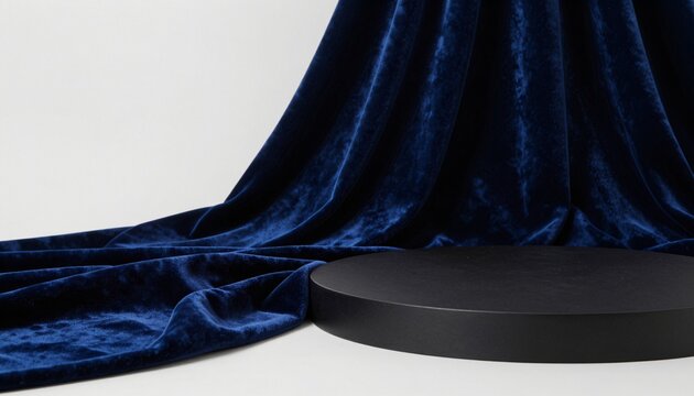 High-quality studio photograph of cascading plush navy blue velvet fabric with minimalist black platform