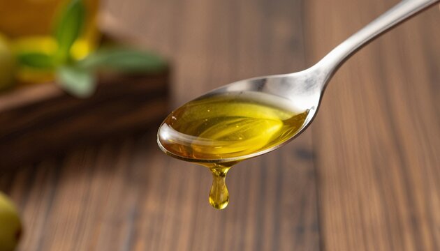 Close-up of a viscous golden olive oil droplet on a stainless steel spoon with rustic kitchen background