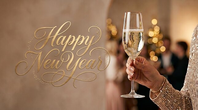 Elegant Golden Script Greeting Wishing Happy New Year Celebration with Sparkling Champagne Toast