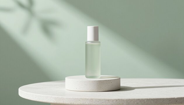 Minimalist skincare product display with elegant cosmetic bottle on concrete podium in soft pastel setting