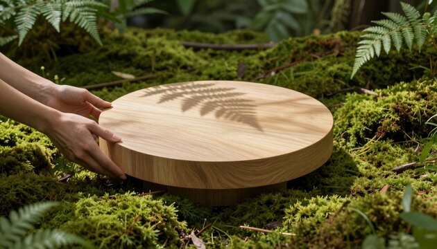 Minimalist circular light oak wooden pedestal on vibrant forest moss with natural sunlight