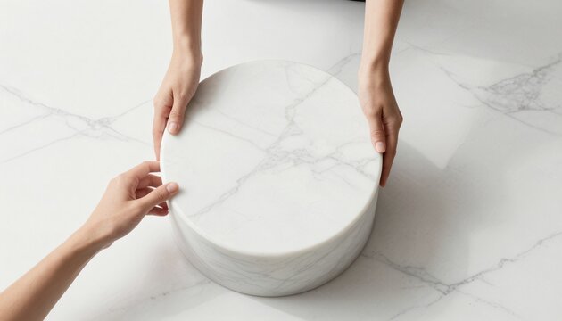 Minimalist white marble cylindrical pedestal for product display or mockup
