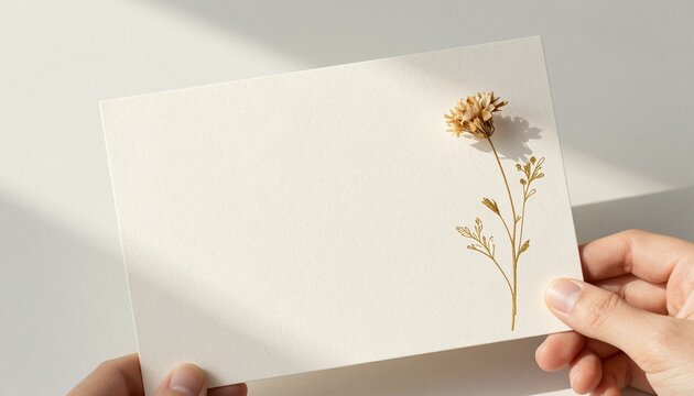 Minimalist lifestyle photograph of a dried flower stem on textured ivory paper with gold-foiled botanical line art