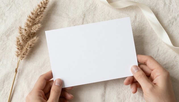 Minimalist flat lay of a blank white premium card mockup on cream-colored linen with dried pampas grass and silk ribbon