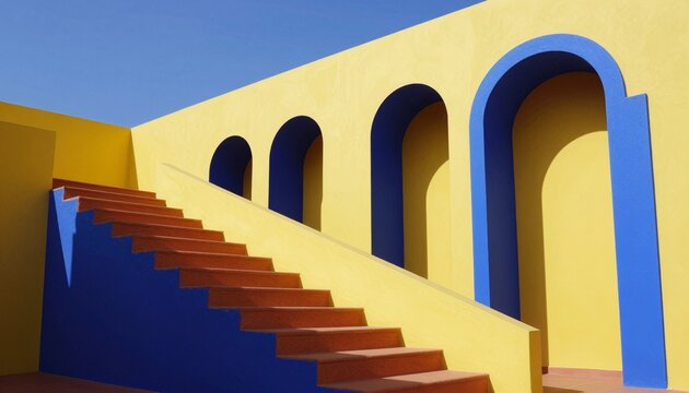 Minimalist architectural photograph of a modern building with bold Neo-Fauvist colors and geometric shadows