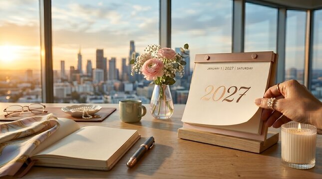 Elegant Workspace Setup with a 2027 Desk Calendar and Cityscape View at Sunset
