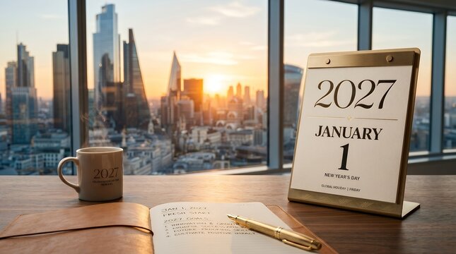 Beautiful Golden Sunset Over a Bustling Cityscape with a 2027 Calendar and a Cup of Coffee