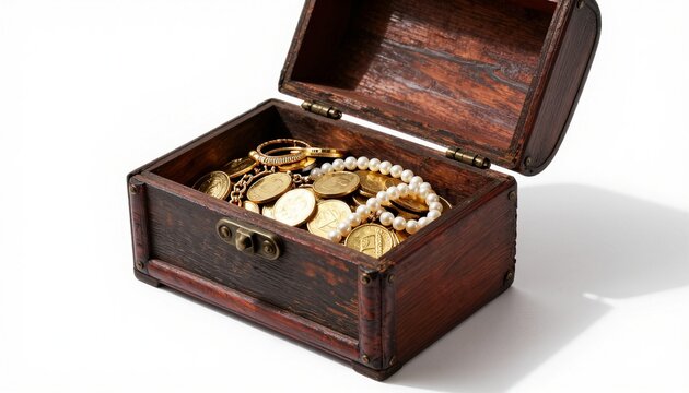 High-quality studio photograph of an open vintage wooden treasure chest overflowing with gold coins and jewelry