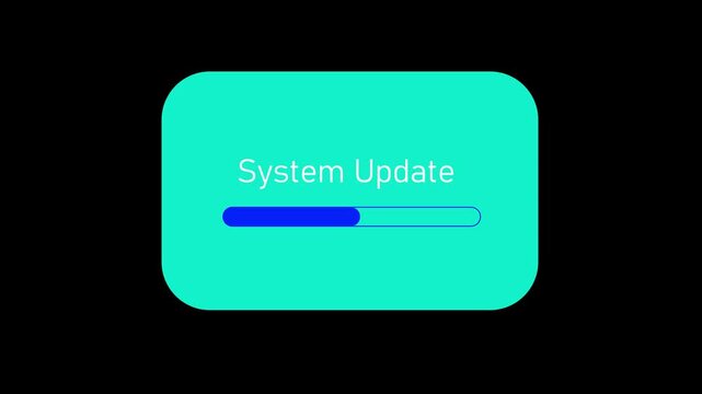 A system update notification with a blue progress bar is displayed inside a sleek glass card on a blue background