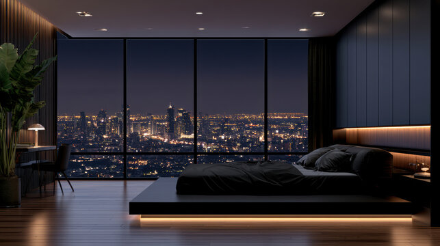 Modern bedroom city view floor to ceiling window black bed wooden floor night luxury minimalist indoor plant desk elegant