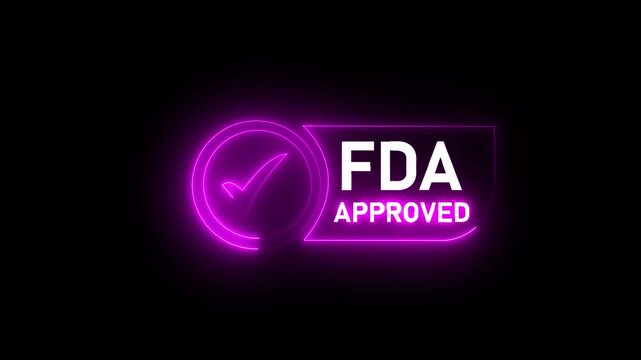 glowing neon FDA Approved icon Food and Drug Administration label. FDA Approved pink Check Mark icon. FDA Approval icon and Medical Research.Motion graphics of concept