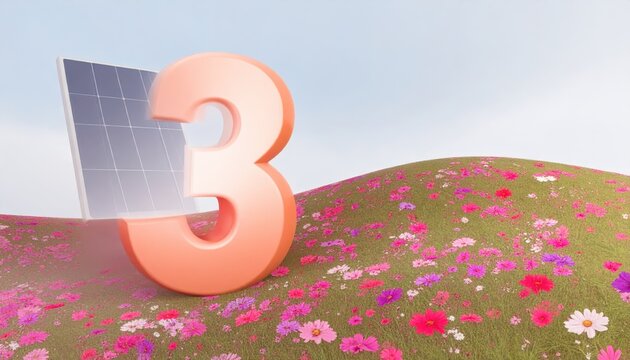 Bright Number Three Surrounded by Colorful Flowers and Sky