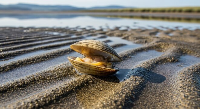 Close-Up View of Open Clam Shell on Sandy Shore at Low Tide