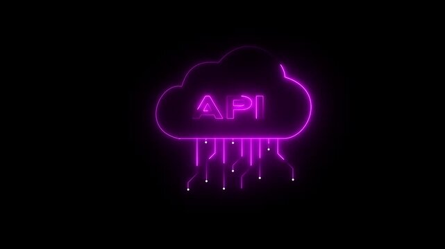 Neon API Cloud Technology Icon with Digital Circuit Lines and Futuristic Network Animation.Motion graphics of concept
