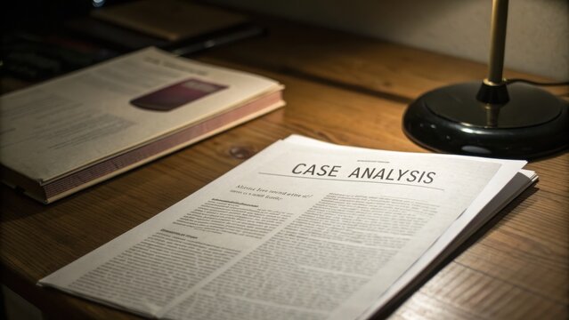 Detailed Case Analysis Document on a Wooden Desk with Lamp
