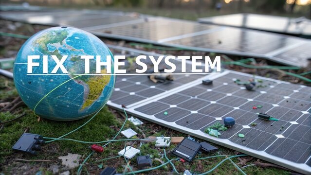Earth on Solar Panels with Text Message to Fix Environmental Issues