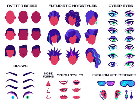 Designing custom cyberpunk characters using a futuristic vector avatar design kit with neon face parts in studio view.