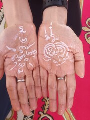 Fototapeta premium Features Yantra scripts written vertically and diagonally across the palm lines. These usually consist of heart-mantras.