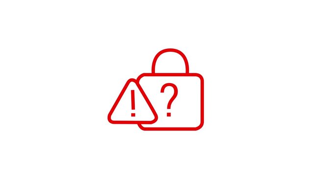 Outline icon of closed padlock paired with warning alert triangle and question mark sign.Motion graphics of concept