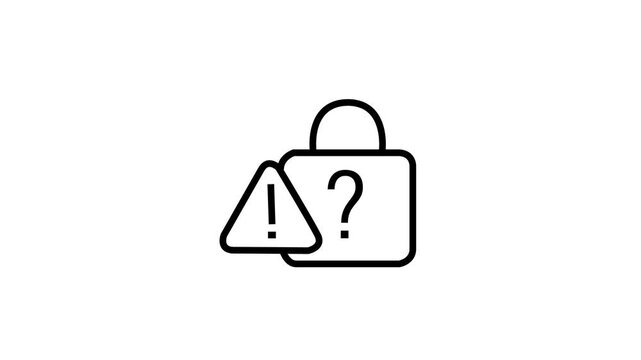 Outline icon of closed padlock paired with warning alert triangle and question mark sign.Motion graphics of concept