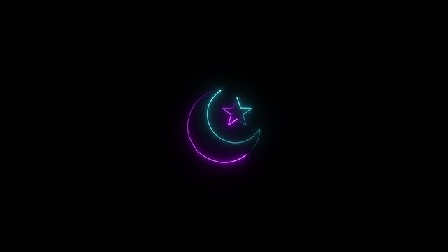Purple and blue neon glowing crescent moon and star symbol animation isolated on black background and symbol looping on a night sky ramadan symbol islamic symbol lunar astronomy