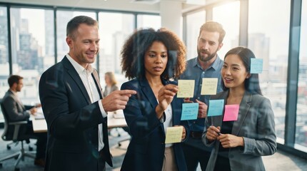 Obraz premium Collaborative brainstorming session featuring a diverse team implementing an innovative workflow in a bright office.