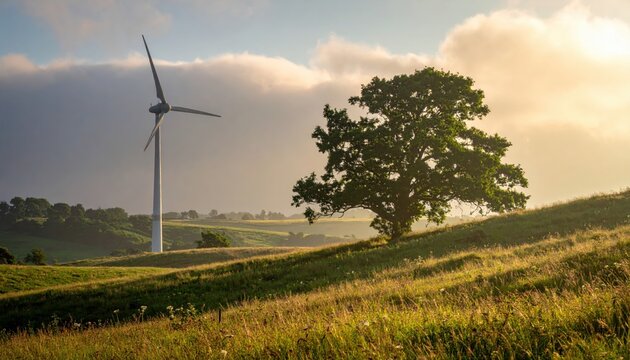 Serene Landscape with Wind Turbine and Lone Tree at Sunrise