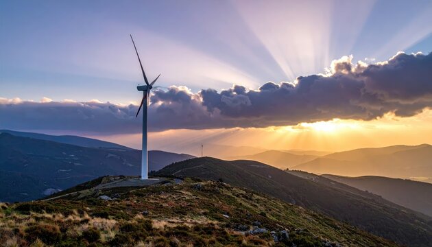 Serene Landscape with Wind Turbine at Dusk Over Mountain Range