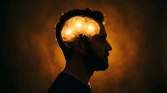 Profile silhouette of a man with glowing light bulbs inside his head representing brainstorming