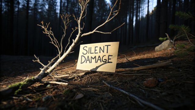 Silent Damage Sign in Forest Highlighting Environmental Impact