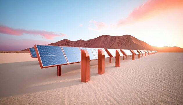Solar Panels in Desert Landscape during Sunset Hours with Mountains
