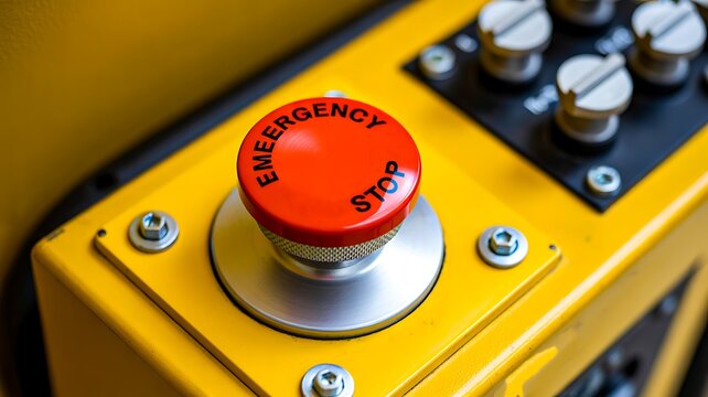 Red emergency stop button on industrial control equipment for safety and machine protection