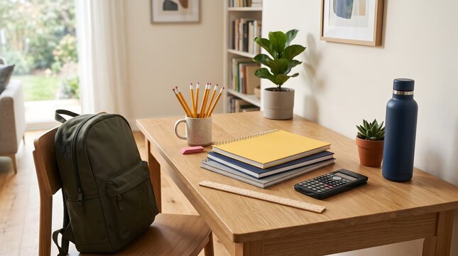 A clean and organized wooden study desk prepared for the back-to-school season