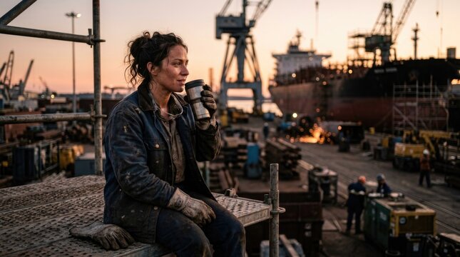Industrial work force: USA Labor, September Day, drink coffee, female welder, hold mug, shipyard crane, metal scaffold, dirty face, sunset break, heavy industry, number 7.