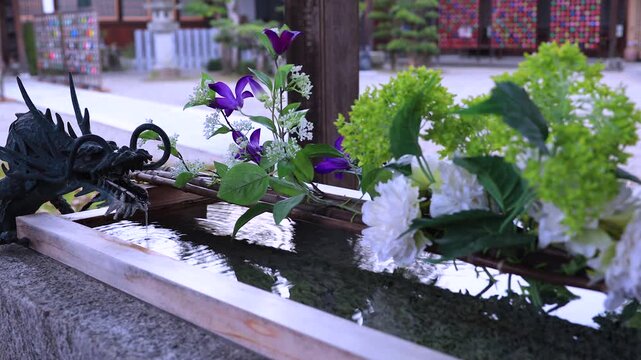 Flower Chozuya Pan Left | Japanese Shrine Water Basin