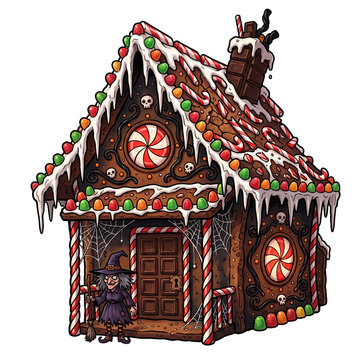 Creepy Gingerbread Halloween House with Candy Decorations and Witch Figure on Transparent Background