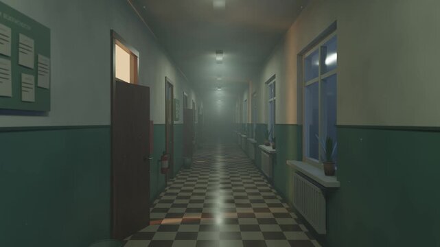 Seamless loop of an empty school hallway at night. Slow walk through fog and flickering fluorescent light. Liminal, nostalgic and unsettling. 4K 3D animation.