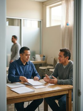 Two men discussing mental health awareness in a professional setting at a table