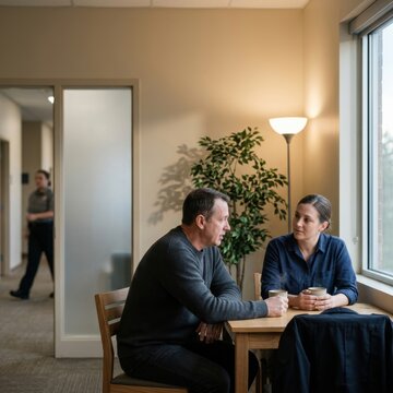 Supportive conversation over coffee in an office setting for mental health awareness