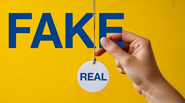 Hand holding real badge over fake text representing truth verification and misinformation awareness