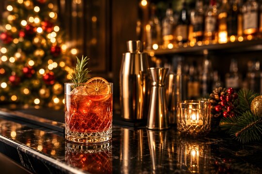 Elegant Red Christmas Cocktail on Luxury Bar with Festive Lights and Copy Space