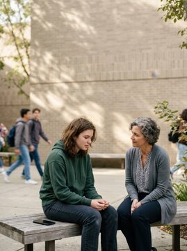 Woman providing support to young girl in schoolyard focusing on mental health