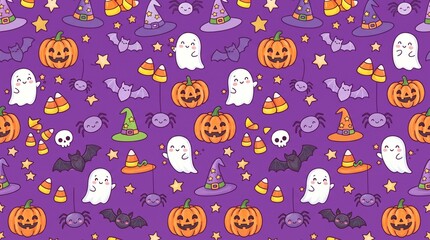 Obraz premium Seamless pattern with cute halloween elements like pumpkins, ghosts, bats, spiders, witch hats and candy corn on a purple background
