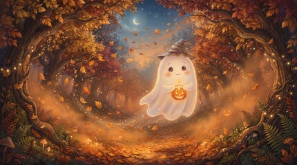 Obraz premium Cute little ghost wearing a witch hat holding a glowing jackolantern in a magical autumn forest with falling leaves and soft golden light