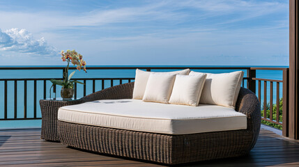 Obraz premium Wicker daybed white cushion outdoor pillow wooden deck ocean view blue sky peaceful tropical open air flower pot