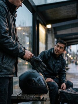 Men in rain gear converse at a bus stop during a rainy day in the city